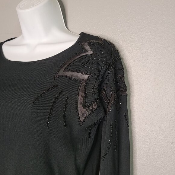 Vintage Fitted Ribbed Applique Beaded Shoulder Detail 3/4 Sleeve Black sz L - Picture 2 of 7